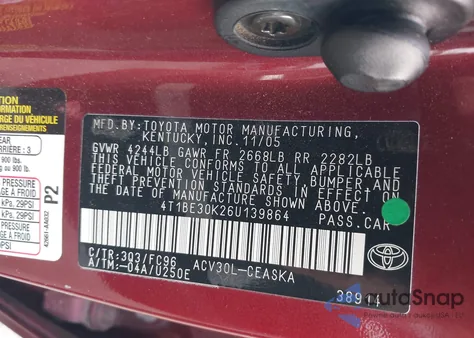 2006 Toyota Camry Se from USA, damaged, VIN 4T1BE30K26U139864